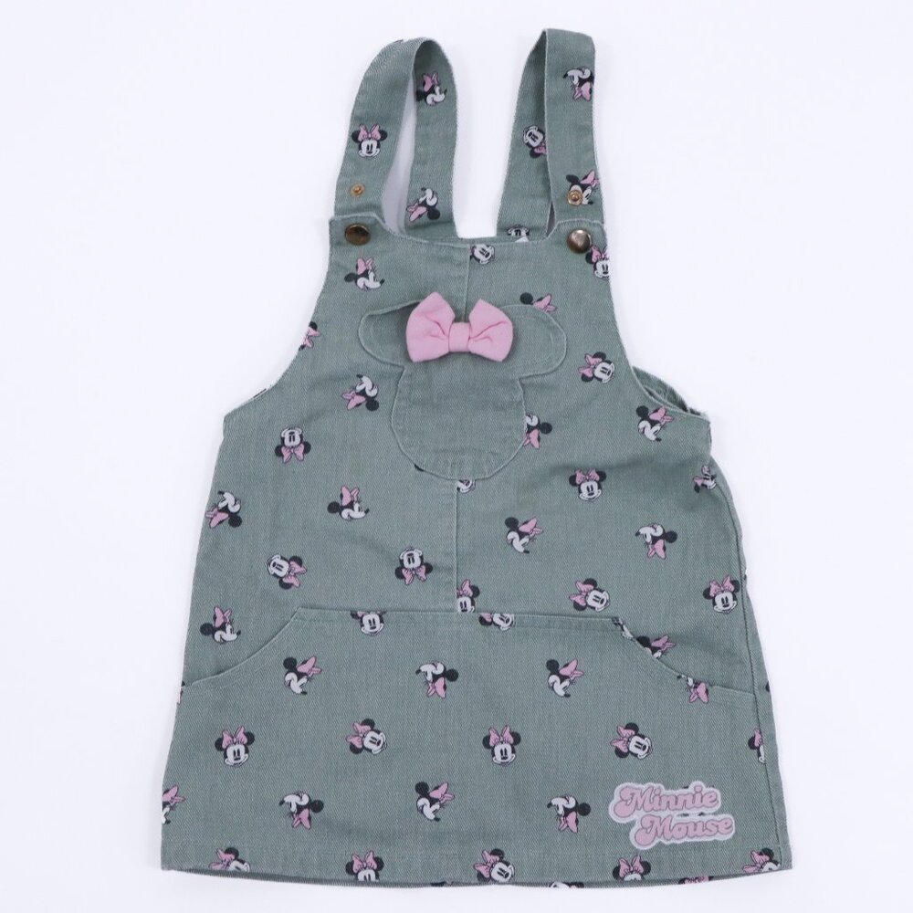 Disney Denim Dress Minnie Mouse Girls 4T Green Black Pink Bow Adjustable